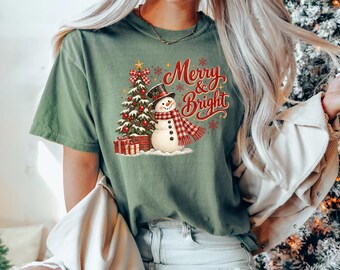 Comfort Colors® Merry and Bright Christmas Shirt, Vintage Snowman Tree Outfit, Womens Holiday Tee, Festive Xmas Gift