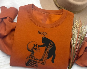 Funny Skeleton Cat Halloween Sweatshirt, Boop Black Cat Shirt, Cute Spooky Season Tee, Cat Mom Fall Outfit, Halloween Cat Lover Apparel
