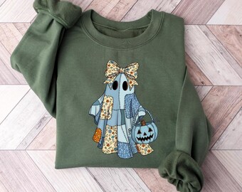 Cute Ghost Halloween Sweatshirt: Spooky Patchwork Graphic Shirt