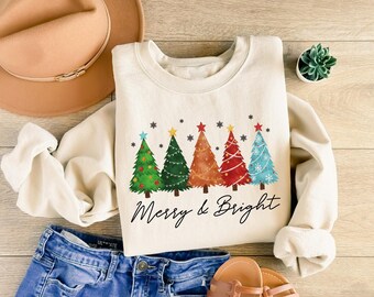 Merry Bright Christmas Tree Sweatshirt, Festive Holiday Gift, Xmas Tree Shirt