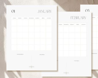 May include: Three minimalist white monthly calendar pages, featuring January, February, and March. Each page has a grid layout for daily entries, with the month's name and number at the top. The design is clean and modern, with a neutral color palette.
