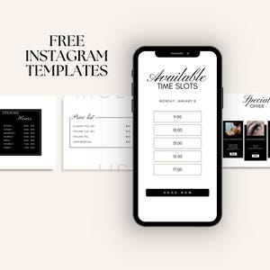 May include: A mockup of a smartphone displaying "Available Time Slots" for booking appointments, with additional Instagram templates for business use. The image includes a price list and opening hours, all in a minimalist black and white design.
