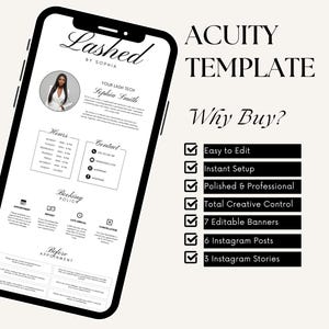May include: A black smartphone displays a lash tech template. The screen shows the text "Lashed by Sophia" with a photo, hours, contact info, and booking policy. The right side lists features like "Easy to Edit" and "7 Editable Banners."