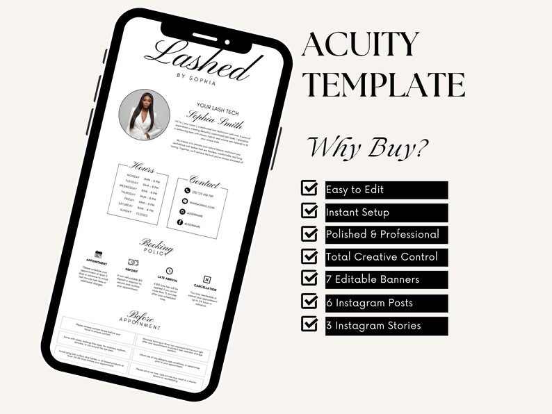 May include: A black smartphone displays a lash tech template. The screen shows the text "Lashed by Sophia" with a photo, hours, contact info, and booking policy. The right side lists features like "Easy to Edit" and "7 Editable Banners."