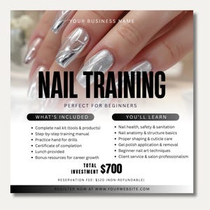 Op de afbeelding: Advertentie voor nageltraining met de tekst "NAIL TRAINING" in grote letters. De afbeelding toont een hand met lange, zilverkleurige nagels. De advertentie geeft details over wat er inbegrepen is en wat je leert, met een totale investering van €700.