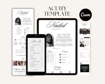 Plantilla de programación Acuity para sitio web de reservas de técnicos de uñas. Salón de uñas. Plantilla de uñas Acuity minimalista editable en Canva.