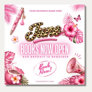 Op de afbeelding: Een roze en gouden promotionele afbeelding met de tekst "June BOOKS NOW OPEN". Het ontwerp bevat tropische bloemen, een pen, een vlinder en een kokosdrankje. De woorden "Book Now!" zijn ook aanwezig.