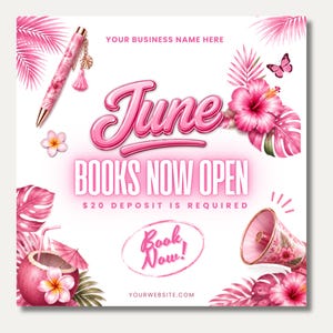 Puede incluir: Gráfico rosa y blanco con el texto "June BOOKS NOW OPEN". El diseño incluye flores tropicales, un bolígrafo, una mariposa y una bebida de coco. También aparece el texto "Book Now!".
