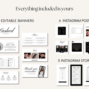 May include: A collection of digital marketing templates for a lash business. Includes 7 editable banners, 6 Instagram posts, and 3 Instagram stories. The templates feature a clean, minimalist design with black and white elements and the text "Lashed by Sophia."