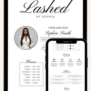 May include: Acuity scheduling template for a lash technician, featuring a tablet and phone displaying business information. The tablet shows the business name "Lashed" and the technician's name, Sophia Smith, along with hours and booking details.