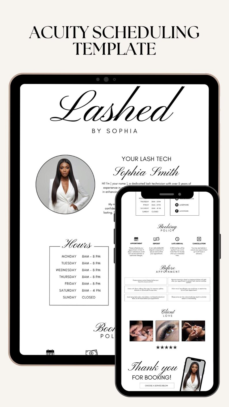 May include: Acuity scheduling template for a lash technician, featuring a tablet and phone displaying business information. The tablet shows the business name "Lashed" and the technician's name, Sophia Smith, along with hours and booking details.