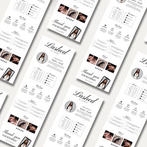 May include: Multiple white business cards with a minimalist design, featuring the text "Lashed by Sophia" and a photo of a woman. The cards include contact information, hours, and the phrase "Thank you for booking!"