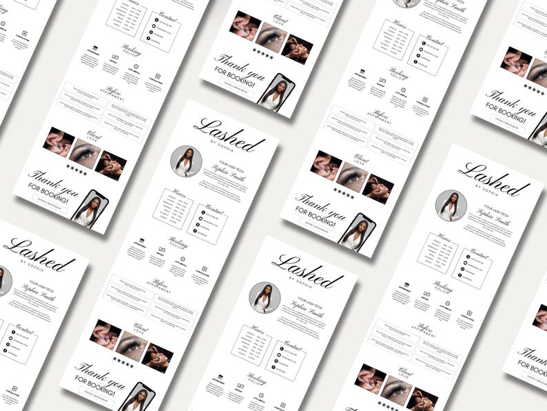 May include: Multiple white business cards with a minimalist design, featuring the text "Lashed by Sophia" and a photo of a woman. The cards include contact information, hours, and the phrase "Thank you for booking!"