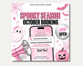 Boekingsflyer oktober Boekingen oktober geopend Flyer Halloweenkapsels Flyer Halloweenboekingen geopend Flyer Wimperafspraken Nagelafspraken Spooky Season oktober