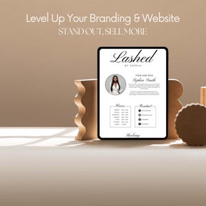 May include: A digital tablet displays a business card design for "Lashed by Sophia." The card features a headshot, contact information, and business hours. The text "Level Up Your Branding & Website" and "STAND OUT, SELL MORE" are at the top.