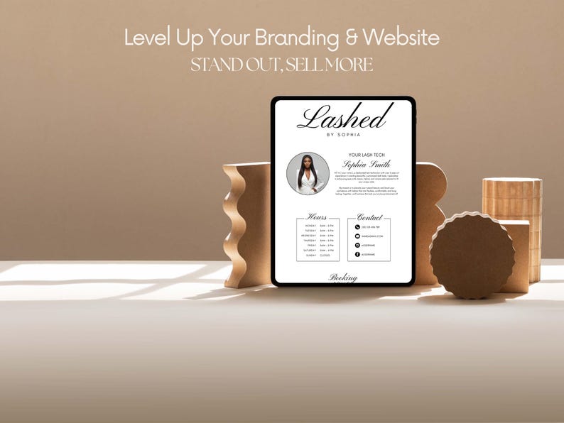 May include: A digital tablet displays a business card design for "Lashed by Sophia." The card features a headshot, contact information, and business hours. The text "Level Up Your Branding & Website" and "STAND OUT, SELL MORE" are at the top.