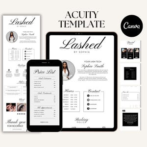 May include: A digital template for a lash technician, featuring a phone, tablet, and printout. The design is black and white, with the text "Lashed by Sophia" and a price list. Includes contact information and booking policy.
