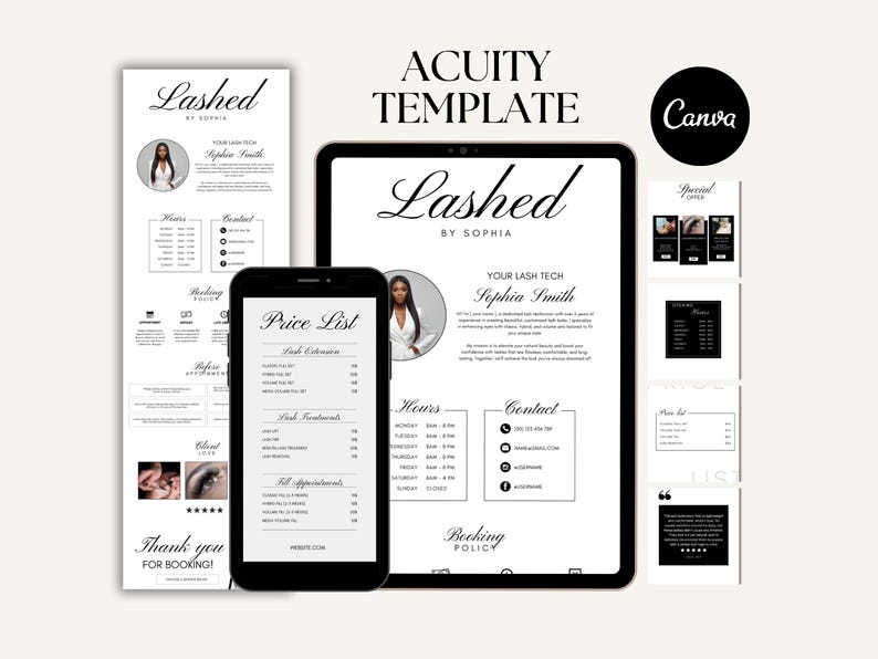May include: A digital template for a lash technician, featuring a phone, tablet, and printout. The design is black and white, with the text "Lashed by Sophia" and a price list. Includes contact information and booking policy.
