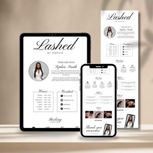 May include: A digital marketing display for a lash technician, featuring a tablet, smartphone, and a vertical sign. The tablet and sign display the text "Lashed by Sophia" and business information. The smartphone shows booking details and client photos.