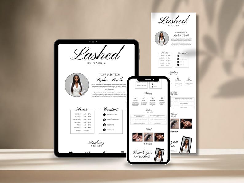 May include: A digital marketing display for a lash technician, featuring a tablet, smartphone, and a vertical sign. The tablet and sign display the text "Lashed by Sophia" and business information. The smartphone shows booking details and client photos.
