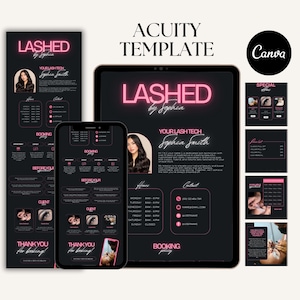 Könnte beinhalten: Eine digitale Marketingvorlage für Wimperntechniker, mit einem schwarz-rosa Design. Die Vorlage enthält den Text "LASHED by Sophia" und "Your Lash Tech Sophia Smith" auf einem Tablet, Telefon und Druckmaterialien.