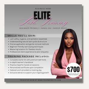 Könnte beinhalten: Werbung für Elite Lash Training, mit einer Frau in einem rosa Blazer. Der Text enthält "Beginner-Friendly | Hands-On | Career-Ready" und listet die erworbenen Fähigkeiten und die im Trainingspaket enthaltenen Leistungen auf. Der Preis beträgt 700 $.