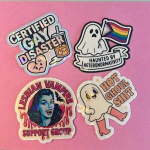 Queer Holographic Halloween Sticker Pack (4)- Funny Spooky LGBTQ+ Pride Stickers, Campy Ghost Decals