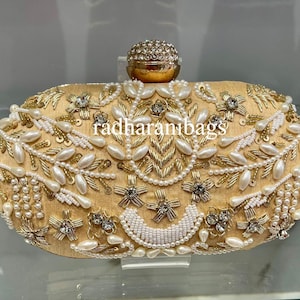 Golden Pearl Beaded Clutch: Embroidered Bridal Evening Bag