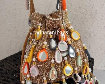 Embroidered Potli Bag: Handmade Wedding Clutch with Mirror & Beaded Tassels