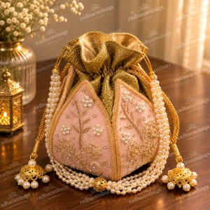 May include: A light pink potli bag featuring gold metallic embroidery, intricate floral patterns, and small white pearl embellishments. The drawstring closure is made of gold fabric, and the bag is accented with long strands of white pearls and gold bell-shaped tassels.