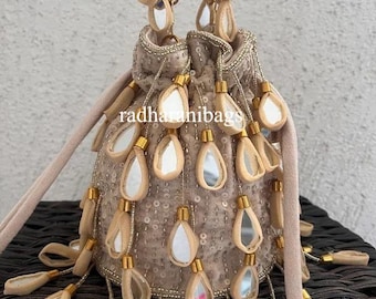 Handmade Sequin Potli Bag: Beige Bridal Clutch with Mirror Work