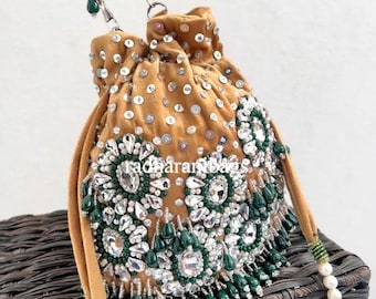Handmade Velvet Potli Bag – Embroidered Crystal Wedding Clutch