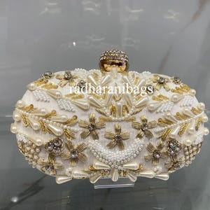 White Pearl Embroidered Bridal Clutch: Beaded Wedding Evening Bag