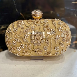Gold Embroidered Clutch: Handcrafted Pearl Beaded Wedding Purse