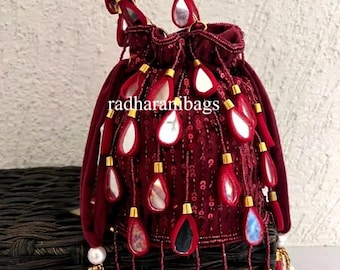 Red Velvet Potli Bag: Handmade Mirrorwork Bridal Clutch
