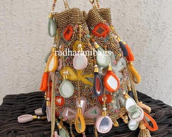 Handmade Beaded Potli Bag: Multicolor Mirror Work Bridal Clutch
