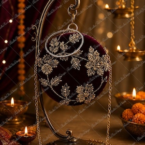 May include: A round maroon velvet handbag featuring gold-toned floral embroidery with small beads and a circular metal handle. The bag hangs from a curved gold metal stand and includes a thin gold chain strap. The text "Maroon" appears in a white box.
