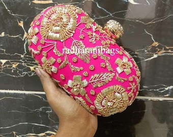 Embroidered Hot Pink Clutch: Golden Beaded Bridal Handbag