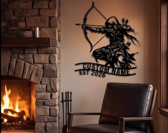 Décoration de chasse, décoration de chambre de tir à l'arc, enseigne en métal archer personnalisée, art mural personnalisé chasseur à l'arc, cadeau pour les chasseurs, art mural rustique