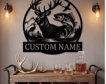 Hirsch und Angeln Metallschild, Custom Jagdhütte Wanddekor, Outdoor Abenteuer Metallplakette