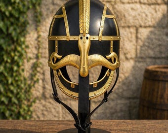 Viking Helmet Black Gold Norse Warrior Helmet, Medieval Nordic Armor Helmet, LARP Cosplay Collectible Decor Elegant black finish Helmet