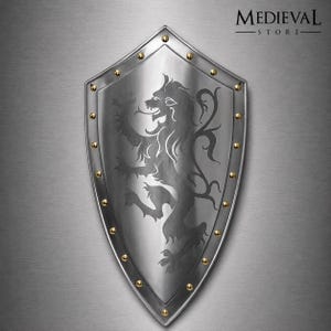 Medeltida lejonvapensköld – Handgjord stålriddarsköld väggdekor – Replika av fantasyrustning – Gotisk heraldisk sköld för cosplay och visning