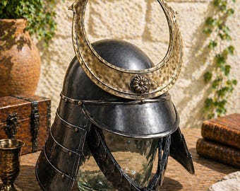 Samurai Kabuto Helmet with Golden Crescent Crest | Wearable Japanese Warrior Helmet | Medieval Armor Decor | Cosplay Reenactment Gift