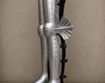 Medieval Steel Leg Armor with Winged Knee Guards | Knight Greaves & Sabatons | Gothic LARP Armor | Renaissance Reenactment Armor