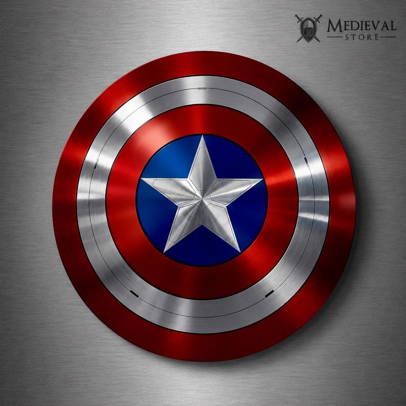 Handmade Captain America inspired medieval steel shield with metallic red silver and blue finish displayed on brushed metal background.