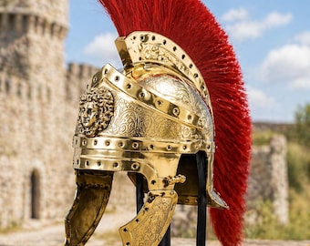 Roman Centurion Helmet, Gold Armor Helmet with Red Plume, Medieval Warrior Helmet Costume LARP Collectible Gift Decor