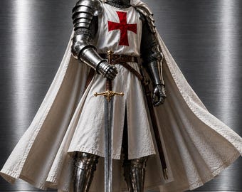 Templar Knight Armor Suit | Medieval Crusader Armor Costume | Full Steel Knight Armor with Red Cross Tabard | Wearable Gothic Armor