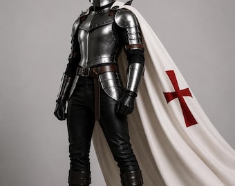 Medieval Knight Armor Costume with Full Face Helmet, Templar Crusader Armor Set, Steel Warrior Cosplay Outfit, Renaissance LARP Costume