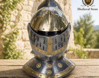 Medieval Visor Helmet with Brass Detail – Gothic Knight Armor Helmet, Steel Crusader Helm for Display, Cosplay, Collector Gift