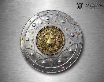 Handmade Lion Crest Medieval Shield | Steel Wall Decor Shield | Fantasy Knight Armor | Medieval Round Shield | Cosplay Collector Gift